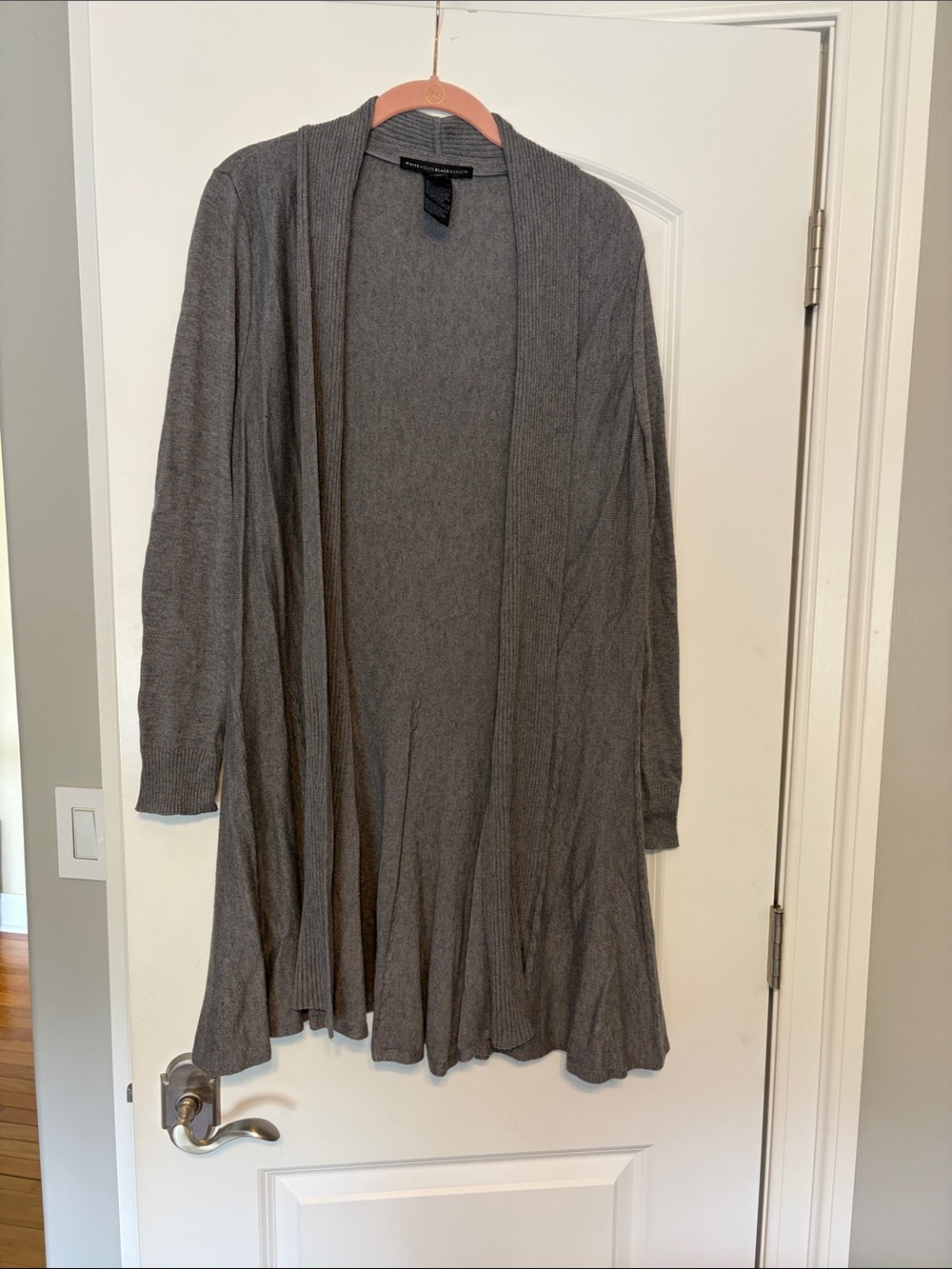 White House Black Market Gray Ribbed-Trim Open Cardigan